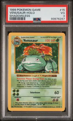 1999 Pokemon TCG Venusaur Holo Rare Shadowless Card 15/102 Base Set PSA 3 - Image 5
