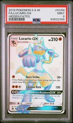 2019 POKEMON SUN & MOON HIDDEN FATES SV64 FULL ART/LUCARIO GX PSA 9 - Image 1