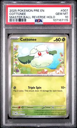 Pokemon Prismatic Evolutions # 007 Cottonee Master Ball Reverse Holo PSA 10 Card - Image 1