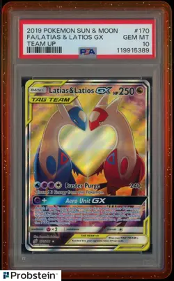 2019 Pokemon Sun & Moon Team Up #170 FA Latias & Latios Gx PSA 10 w/Guard Case - Image 1