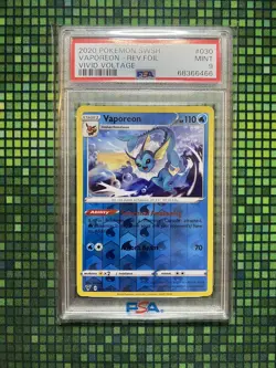 PSA 9 GEM MINT Pokemon TCG Vaporeon Vivid Voltage 030/185 Reverse Holo Rare - Image 1
