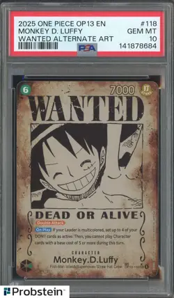 2025 One Piece OP13 EN Wanted Alternate Art #118 Monkey D. Luffy PSA 10 GEM MINT - Image 1