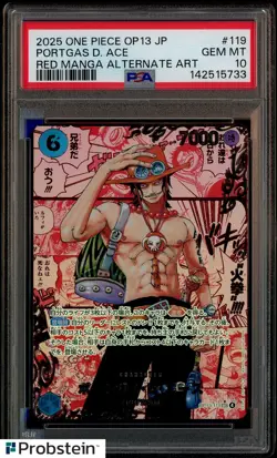 2025 One Piece OP13 Japanese #119 Portgas D. Ace Red Manga Alternate Art PSA 10 - Image 1
