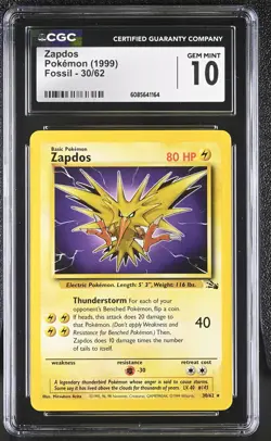 CGC 10 GEM MINT Zapdos 1999 Fossil 30/62 Pokemon Card - Image 1