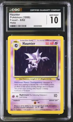 CGC 10 GEM MINT Haunter 1999 Fossil 6/62 Holo Pokemon Card - Image 1
