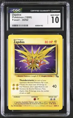 CGC 10 GEM MINT Zapdos 1999 Fossil 30/62 Pokemon Card - Image 1