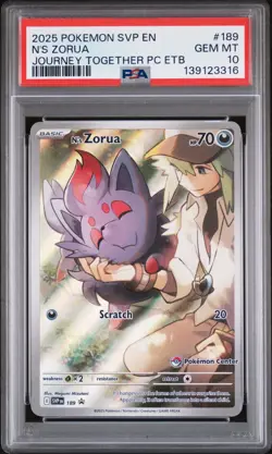 2025 POKEMON JOURNEY TOGETHER POKEMON CENTER ETB PROMO SVP #189 N'S ZORUA PSA 10 - Image 1