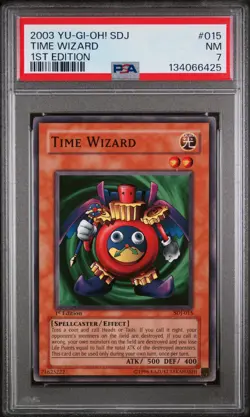2003 YU-GI-OH! STARTER DECK: JOEY 1ST ED #015 TIME WIZARD PSA 7 - Image 1