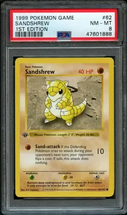 1999 Pokemon 1st Edition Shadowless Sandshrew Base Set #62 - PSA 8 NM - Mint - Image 1