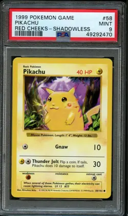 1999 Pokemon Base Set Shadowless Red Cheeks Pikachu #58 PSA 9 Mint - Image 1