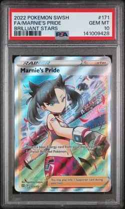 2022 POKEMON SWORD & SHIELD BRILLIANT STARS #171 FULL ART/MARNIE'S PRIDE PSA 10 - Image 1