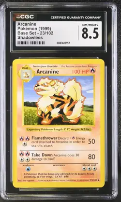 CGC 8.5 Arcanine 1999 Base Set 23/102 Shadowless Pokemon Card - Image 1