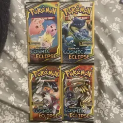 Pokemon Sun & Moon Cosmic Eclipse (4) 3-Card Booster Packs Art Set 2019 Sealed - Image 1