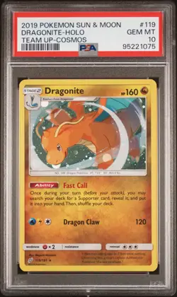 2019 Pokemon Sun & Moon Team Up Dragonite Cosmos Holo #119 PSA 10 GEM MINT - Image 1
