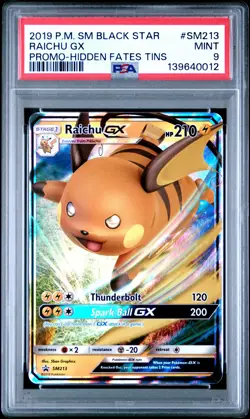 2019 POKEMON SM BLACK STAR PROMO HIDDEN FATES TINS #SM213 RAICHU GX PSA 9 - Image 1