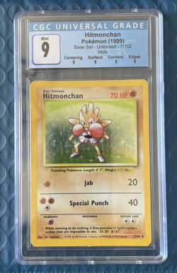 CGC 9 Hitmonchan 7/102 Pokemon Base Set unlimited Holo Rare TCG Mint - Image 1