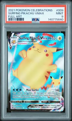 2021 POKEMON CELEBRATIONS 009 FULL ART/SURFING PIKACHU VMAX PSA 9 MINT - Image 1