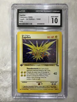 1999 POKEMON FOSSIL 1ST ED #15 ZAPDOS-HOLO CGC-10 - Image 1