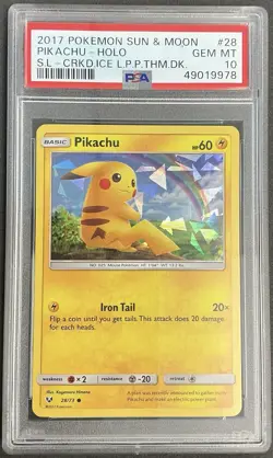 2017 Pokemon Sun & Moon #28 Pikachu Holo Cracked Ice PSA 10 - Image 1