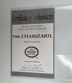 1999 Pokemon Charizard Nintendo 23K Gold Plated Card #06 COA ONLY/NO CARD - Image 4