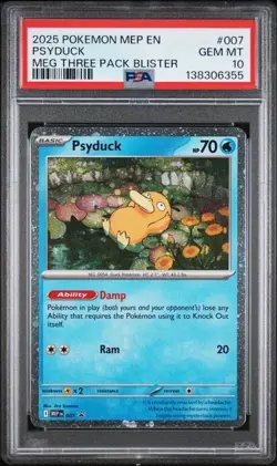 2025 POKEMON MEGA EVOLUTION THREE PACK BLISTER PROMO #007 PSYDUCK PSA 10 - Image 1