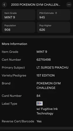 Pokemon 1st Edition Lt. Surge's Pikachu 84/132 Gym Challenge Common PSA 9 - Image 3