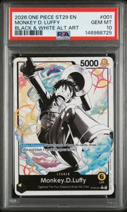 2026 One Piece English Monkey D Luffy ST29-001 Black & White Alt Art PSA 10 - Image 2