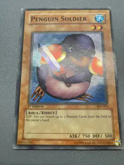 Yu-Gi-Oh! Penguin Soldier Super Rare 1st Edition SDJ-022 HP BADLY DAMAGED - Image 1