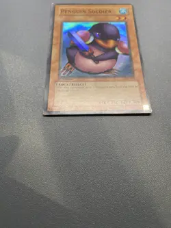 Yu-Gi-Oh! Penguin Soldier Super Rare 1st Edition SDJ-022 HP BADLY DAMAGED - Image 2