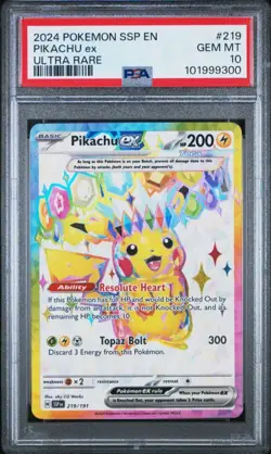 Pokemon Pikachu ex Ultra Rare Holo Sv08: Surging Sparks PSA 10 219/191 2024 - Image 1