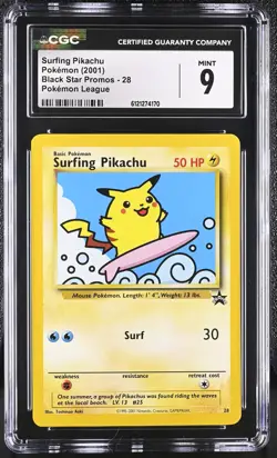 CGC 9 MINT Surfing Pikachu 2001 Black Star Promos 28 Pokemon Card - Image 1
