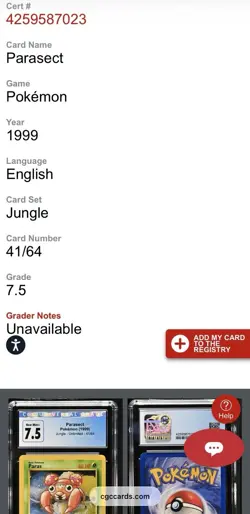Parasect/Paras ERROR LABEL 1999 Pokemon Jungle #41/64 Graded(ERROR) CGC NM+ 7.5 - Image 3