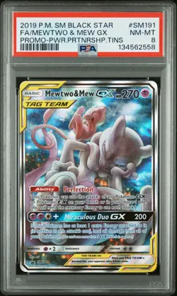 2019 POKEMON SM BLACK STAR PROMO #SM191 FULL ART/MEWTWO & MEW GX PSA 8 - Image 1