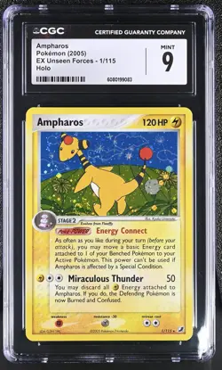 CGC 9 MINT Ampharos 2005 EX Unseen Forces 1/115 Holo SWIRL Pokemon Card - Image 1