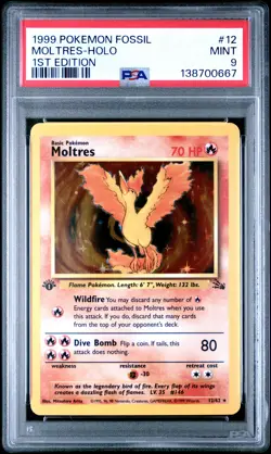 1999 POKEMON FOSSIL 1ST ED #12 MOLTRES-HOLO PSA 9 - Image 1