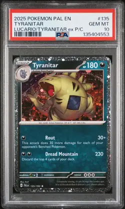2023 POKEMON PAL EN TYRANITAR TRIPLE WHAMMY TIN #135 COSMO HOLO PSA 10 Swirl! - Image 1