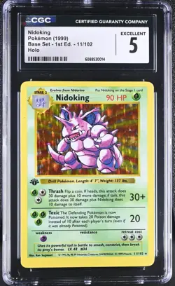 Nidoking 11/102 1st Edition Base Set Shadowless Holo CGC 5 Vintage Pokemon Card - Image 1
