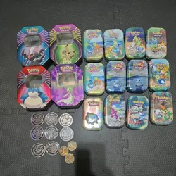 Pokemon Tin Lot of 16 Assorted Sizes EMPTY Metal Tin Card Storage with 11 coins - Image 1