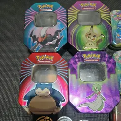 Pokemon Tin Lot of 16 Assorted Sizes EMPTY Metal Tin Card Storage with 11 coins - Image 2