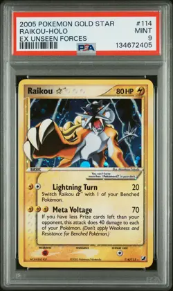 2005 POKEMON EX UNSEEN FORCES GOLD STAR #114 RAIKOU-HOLO PSA 9 - Image 1