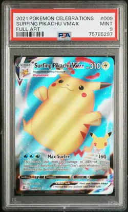 2021 POKEMON CELEBRATIONS 009 FULL ART SURFING PIKACHU VMAX PSA 9 MINT - Image 1