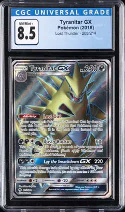 2018 POKEMON SUN & MOON LOST THUNDER #203 FULL ART/TYRANITAR GX CGC 8.5 - Image 1