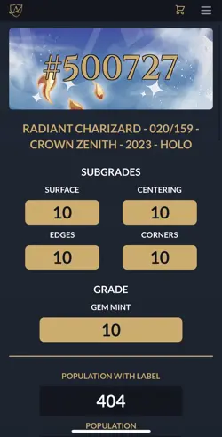 Pokemon TCG Radiant Charizard #020 Crown Zenith Holo Card Ace 10 Perfect Subs! - Image 3