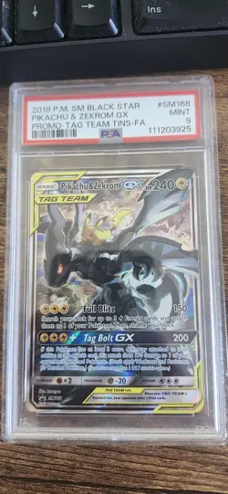 PSA 9 Pikachu & Zekrom GX SM168 Sun Moon TAG team Black Star Promo 2019 Pokemon - Image 1