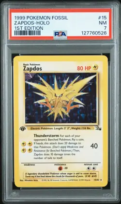 1999 POKEMON FOSSIL 1ST ED #15 ZAPDOS-HOLO PSA 7 Regrade Potential NM - Image 1