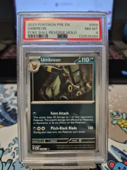 Pokemon Prismatic Evolutions Umbreon Card 059/131 Pokeball Reverse Holo PSA 8 - Image 1