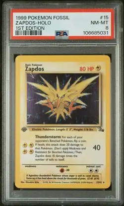 1999 Pokemon Fossil ZAPDOS HOLO 1st Edition 15/62 PSA 8 NM-MT - Image 1