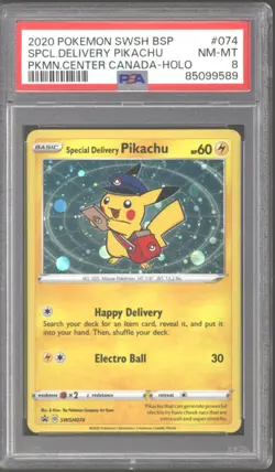 Pokemon SW&SH Promo Pokemon Center Canada Special Delivery Pikachu SWSH074 PSA 8 - Image 1