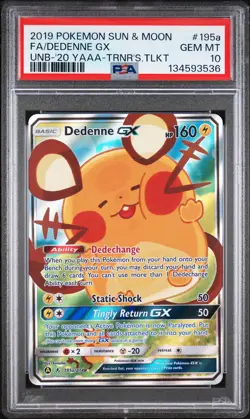2019 POKEMON SUN & MOON UNBROKEN BONDS #195A FULL ART/DEDENNE GX PSA 10 - Image 1