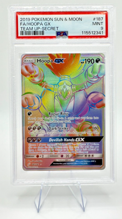 2019 Pokemon S&M Team Up Hoopa GX Rainbow Secret Rare #187 | PSA 9 MINT - Image 1